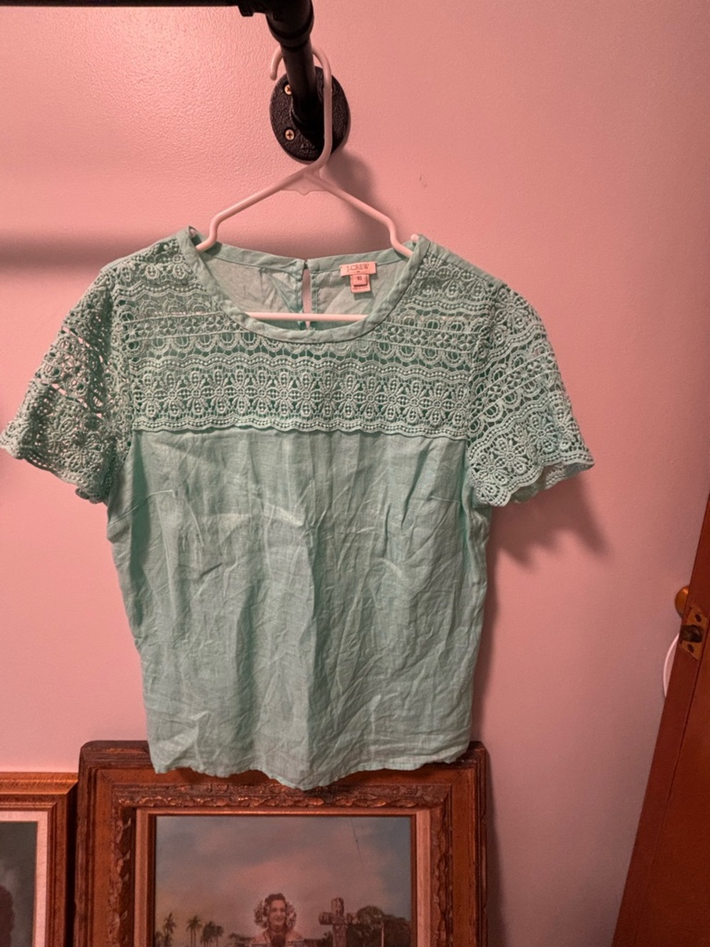J. Crew Factory Lace Yoke Short Sleeve Top in Mint